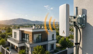 Professional installation of an outdoor mobile signal booster antenna on a residential building